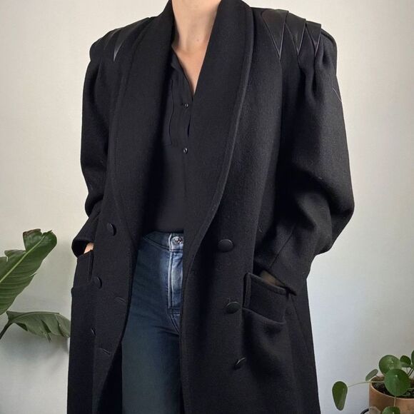 Vintage Jofeld 80s Double Breasted Black Wool & Leather Trench Coat USA ILGWU - Picture 3 of 14